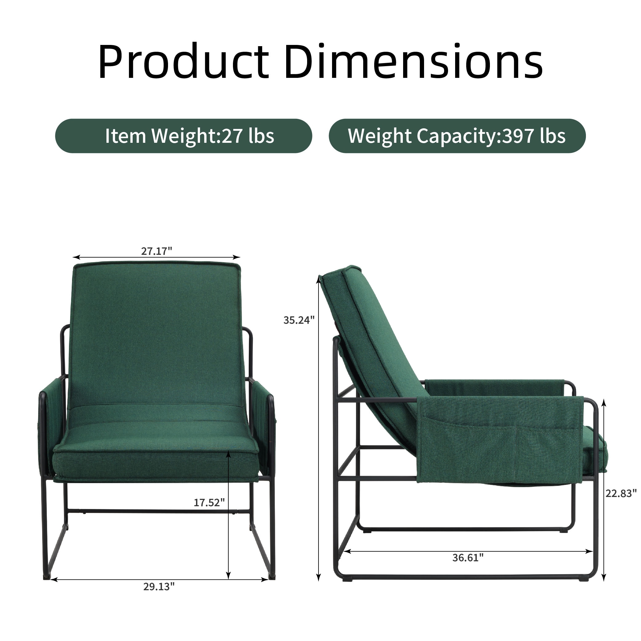 Sling Accent Chair, Comfy Chair With Removable Cushion, Vanity Chair, With Storage Bag For Living Room, Room Chair For Living Room, Bedroom, Office, Green_voghion.com